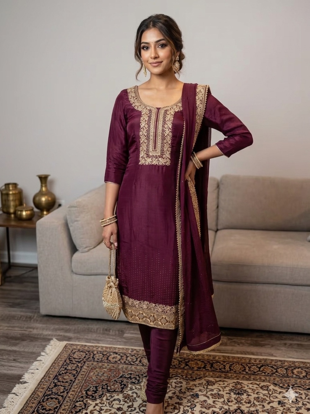 Silk Salwar Kameez Pakistani Indian Desi Suit Embroidered Kurta Pant Dupatta Set